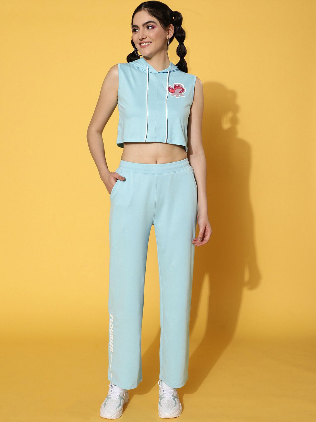 

JUNEBERRY Blue Hooded Crop Top With Trouser Co-Ords