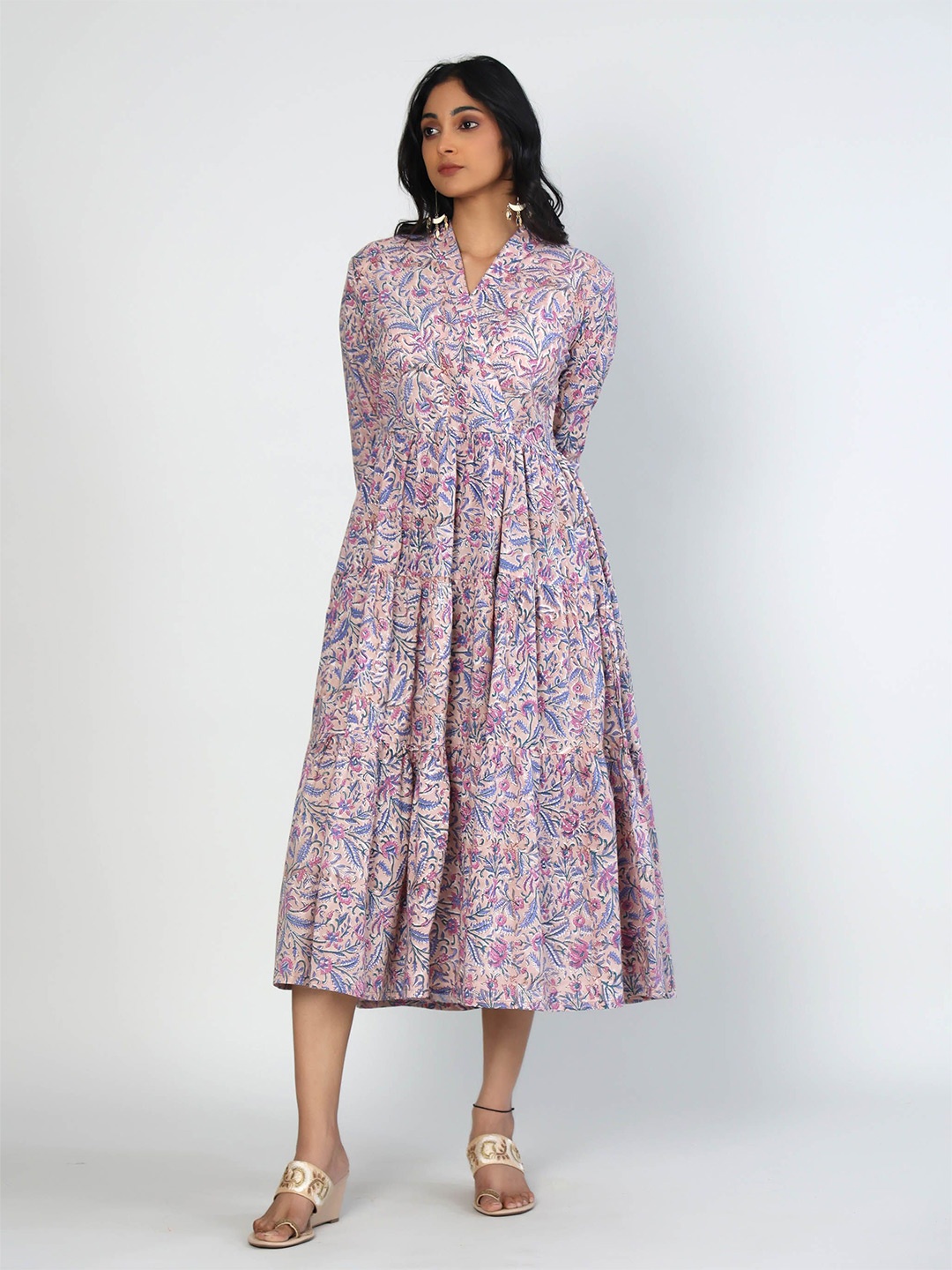 

Hassu's Women Floral Printed Fit & Flare Midi Dress, Beige