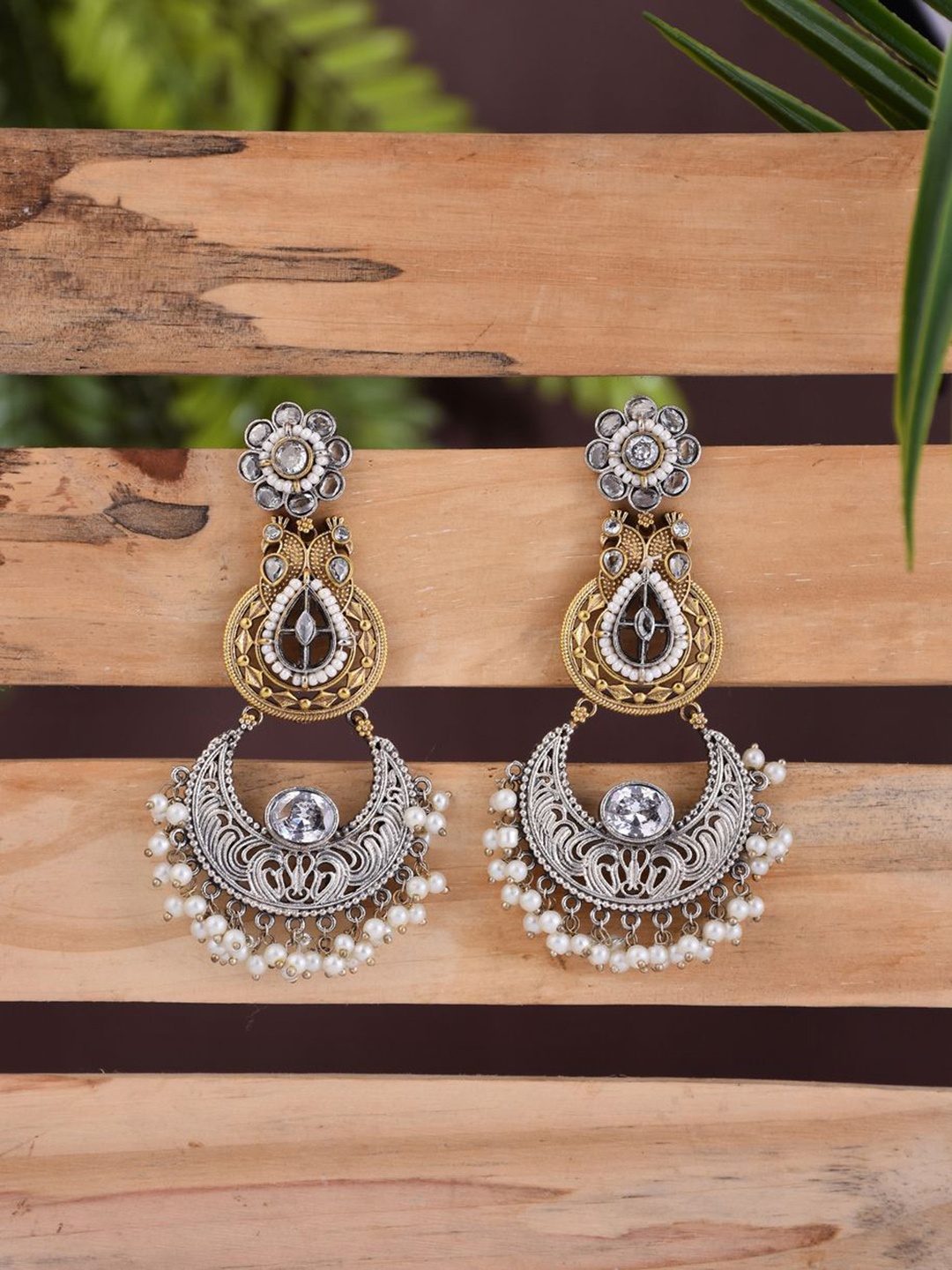 

Anvik Artificial Stones Studded & Beaded Contemporary Chandbalis, Gold