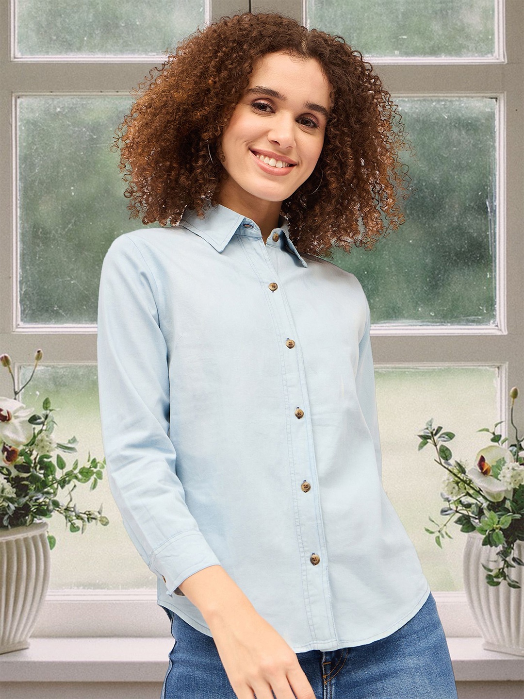 

DressBerry Women Classic Fit Spread Collar Solid Cotton Casual Shirt, Blue