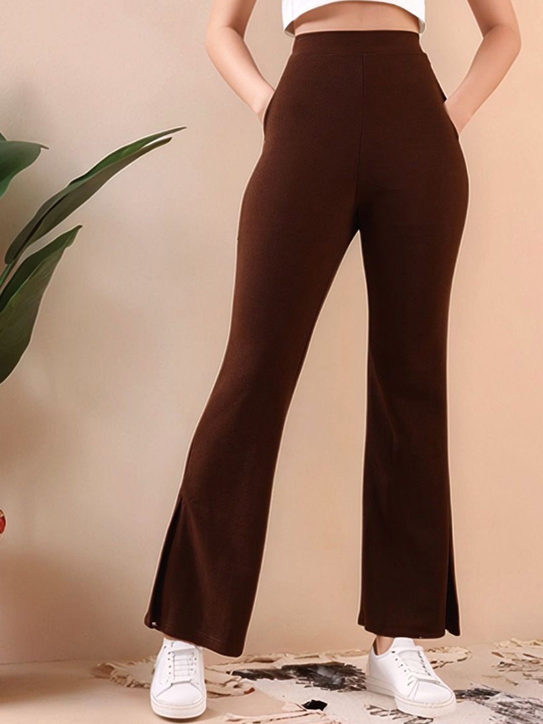 

Mast & Harbour Women Flared High-Rise Easy Wash Trousers, Coffee brown
