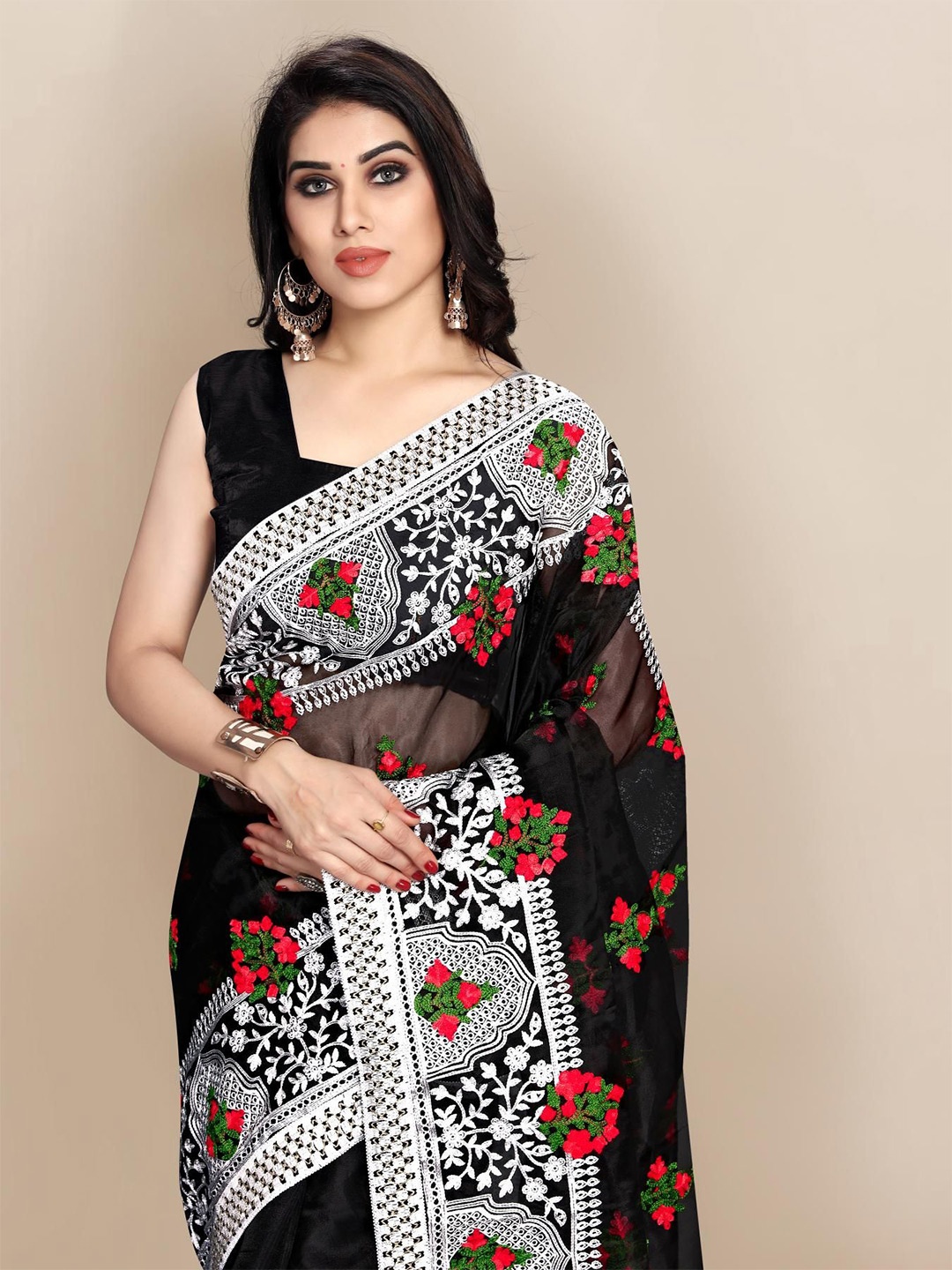 

HERE&NOW Floral Embroidered Organza Saree, Black