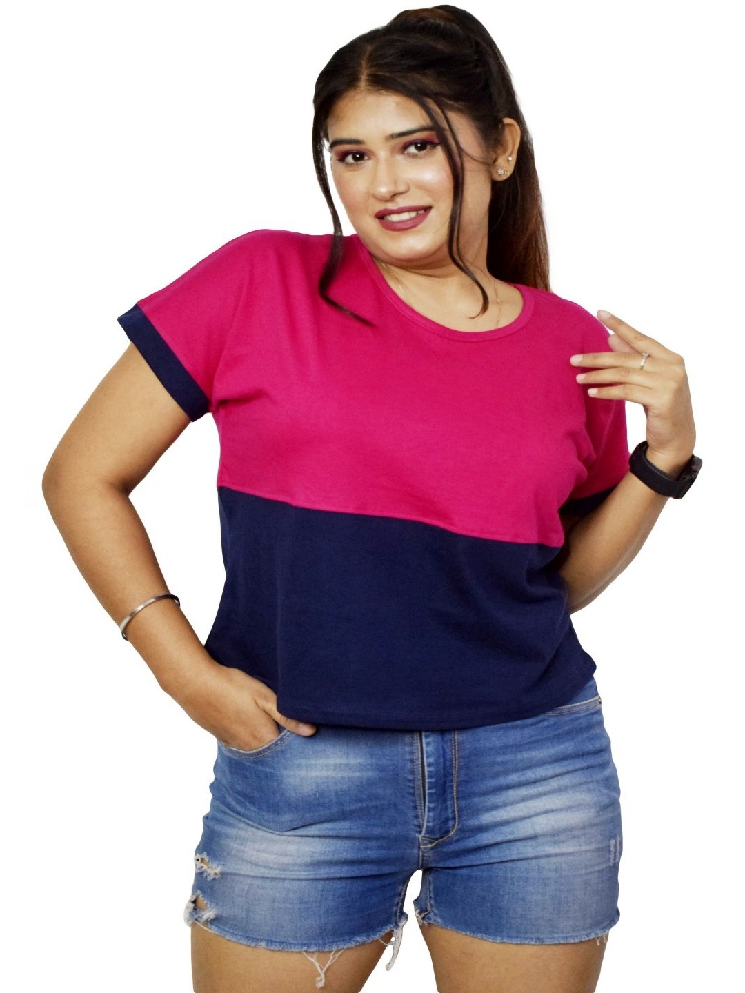 

PINK SHELL Women Colourblocked Round Neck Cotton T-shirt, Navy blue