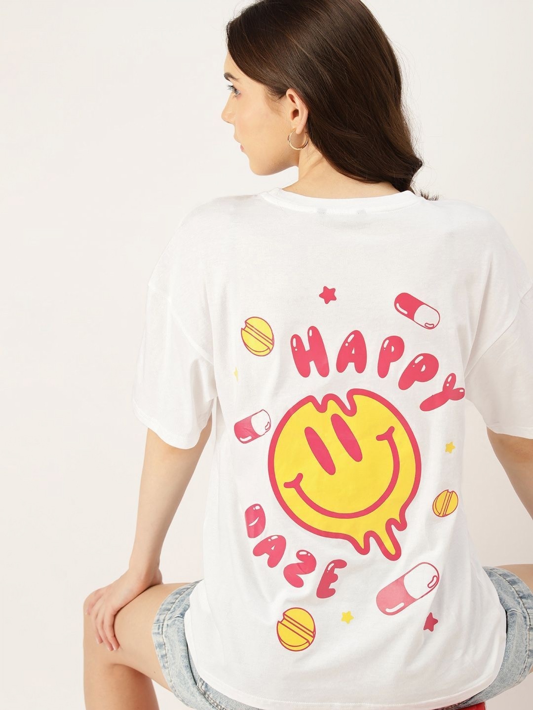 

DressBerry Women Graphic Printed Round Neck Cotton Oversized T-shirt, White