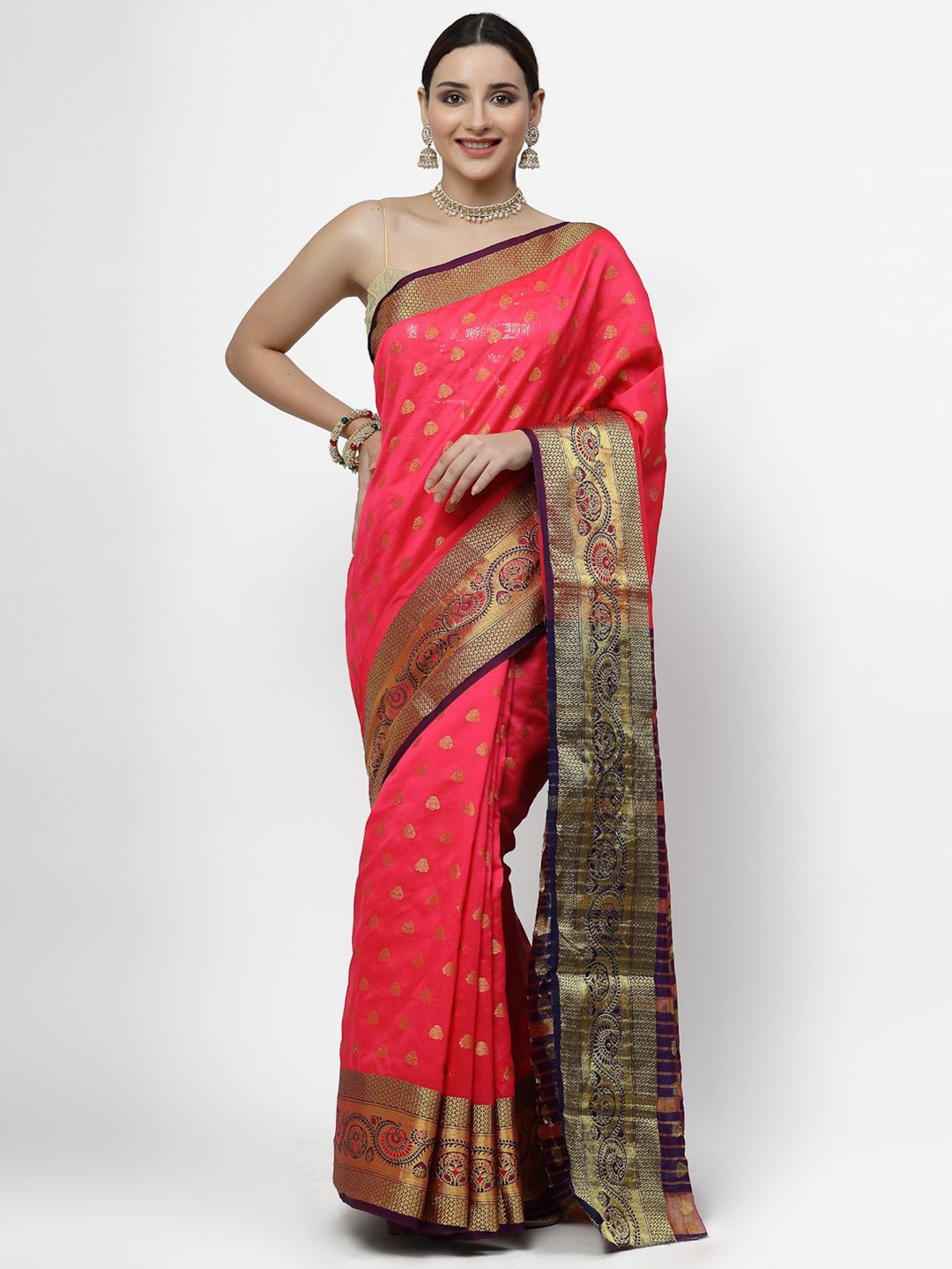 

RAJUL Woven Design Zari Silk Cotton Banarasi Saree, Peach