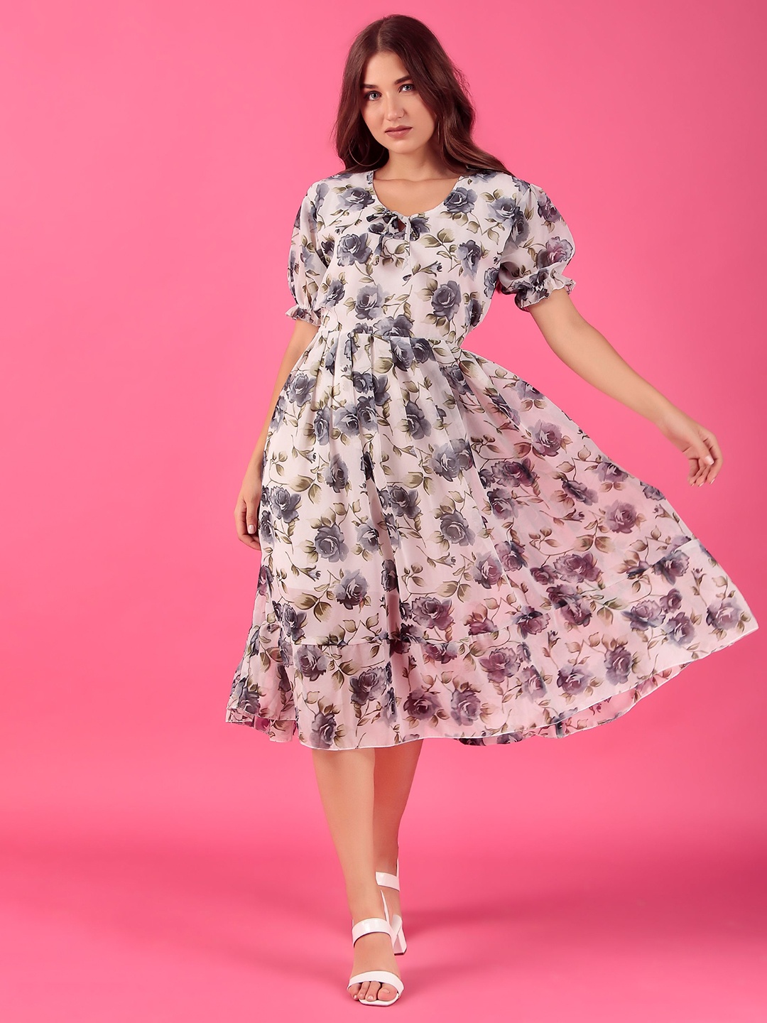 

KASHIAN Women Floral Printed Keyhole Neck Puff Sleeves Midi Dress, Grey