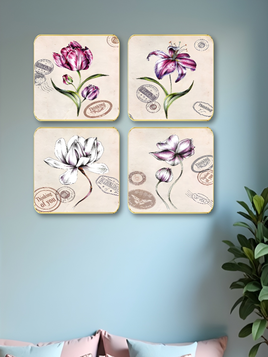 

Myntra Elegant Homes Pink & Purple 4 Piece Wood Floral and Botanical Wall Paintings