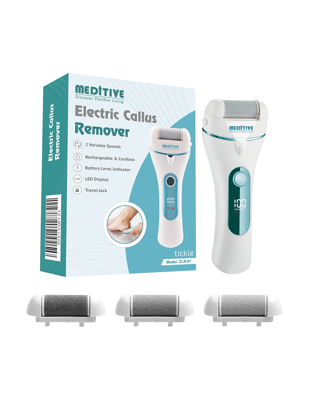 

MEDITIVE Electric Foot Callus Remover With 3 Interchangeable Head Rollers, White