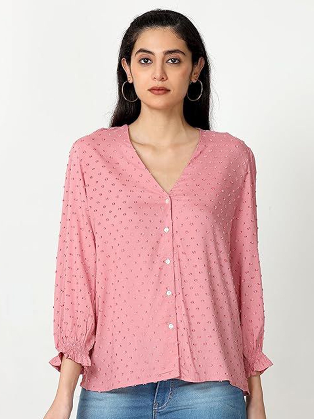 

GLAM & CHIQUE Women Embroidered Puff Sleeve Shirt Style Top, Pink