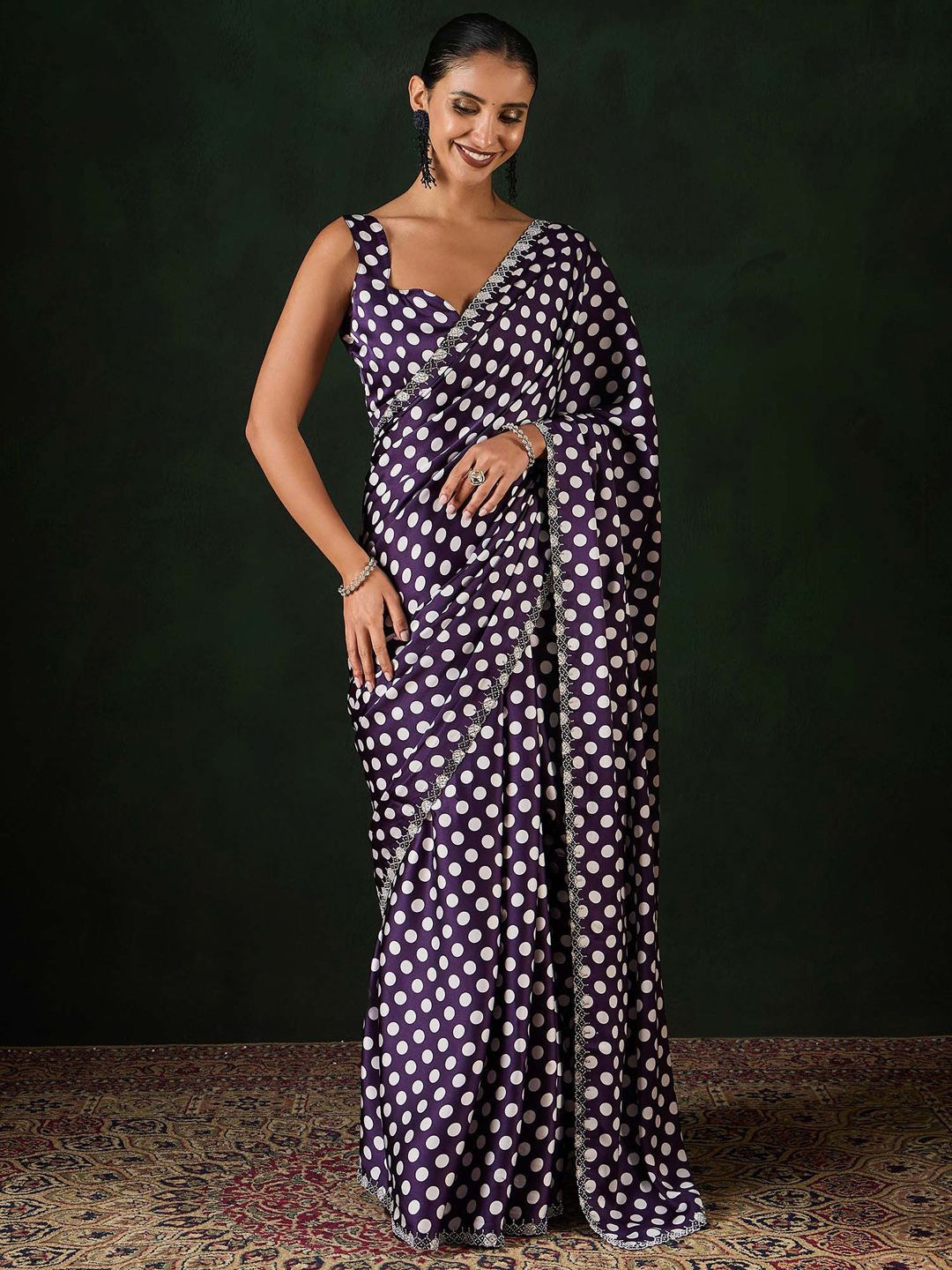 

Sangria Polka Dot Printed with Embellished Party Wear Saree With Unstitched Blouse, Purple