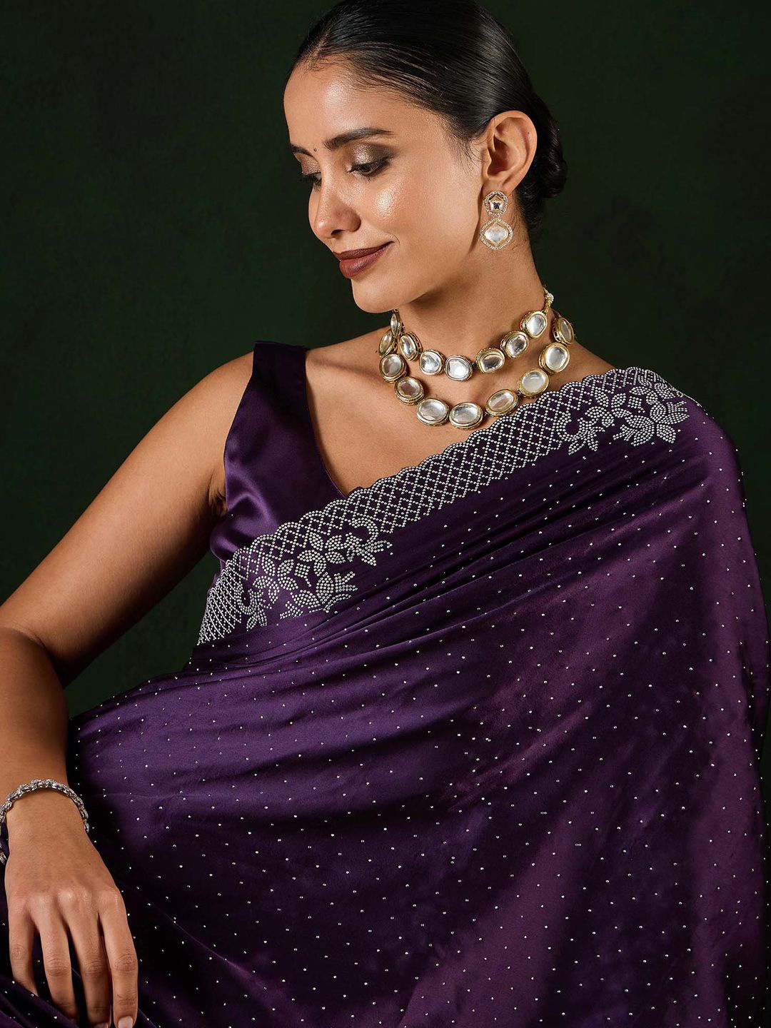 

Sangria Embellished Satin Party Wear Saree With Unstitched Blouse, Purple