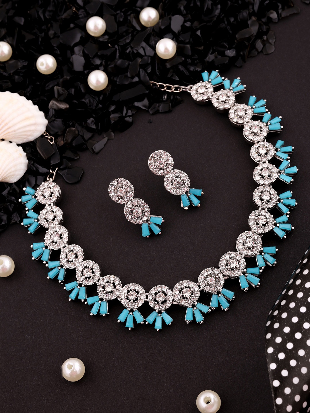 

DIVASTRI Set Of 2 Gold Plated & Silver Plated Stone Studded Jewellery Set