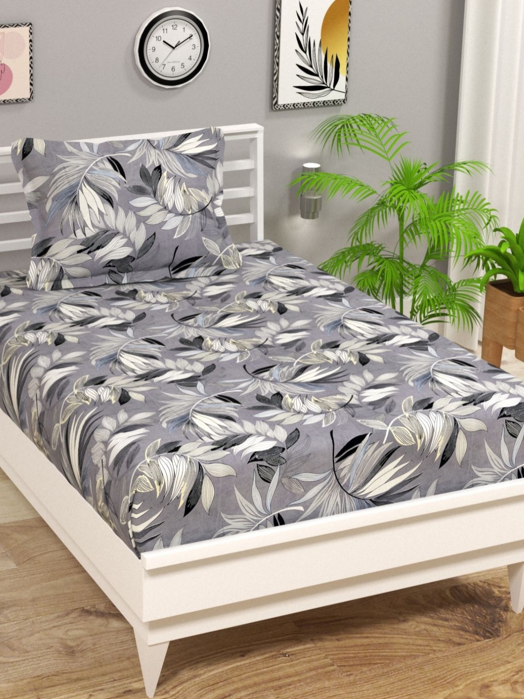

bsb home Grey & Black Floral 144 TC Single Bedsheet with 1 Pillow Covers