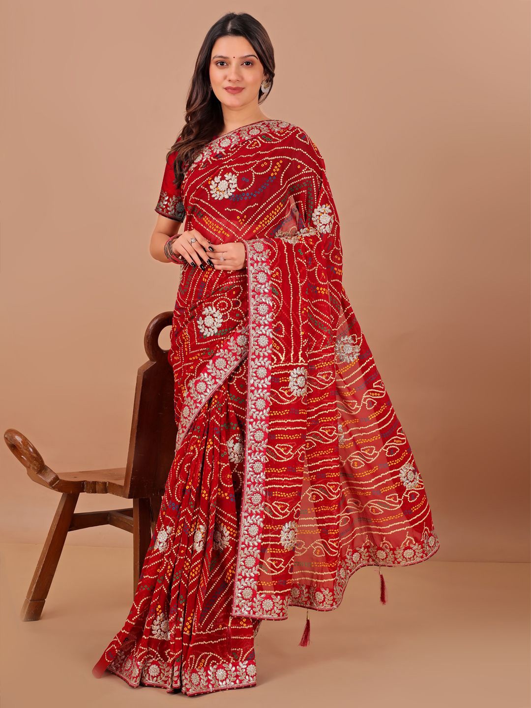 

LeeliPeeri Designer Bandhani Printed Gotta Patti Saree, Red