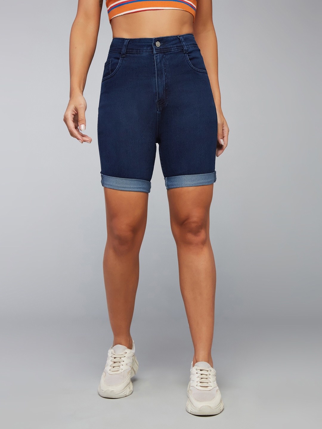 

DOLCE CRUDO Women Skinny Fit High-Rise Denim Shorts, Navy blue