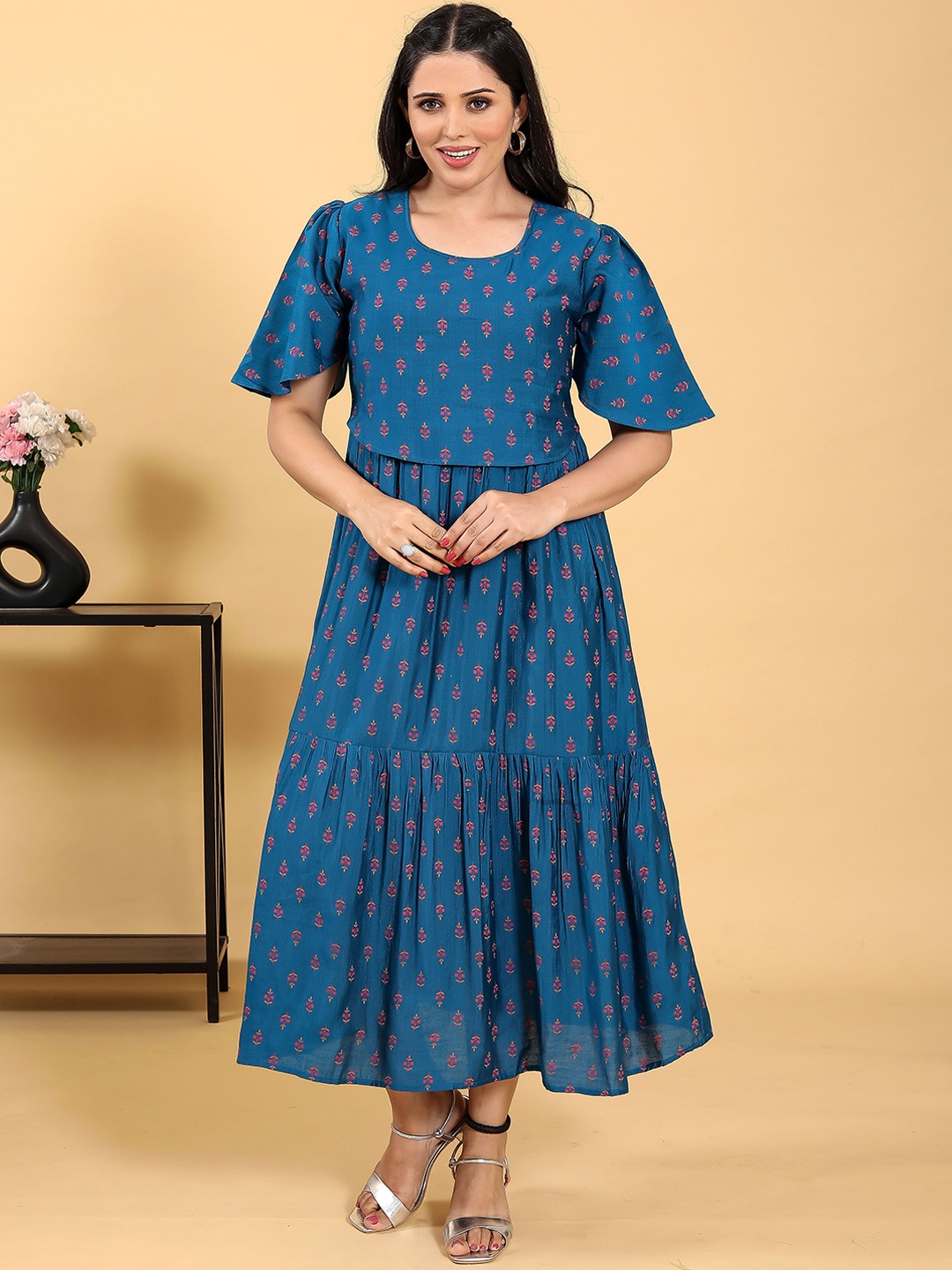 

RITIJYA Floral Printed Round Neck Zipless Maternity Ethnic Dresses, Blue