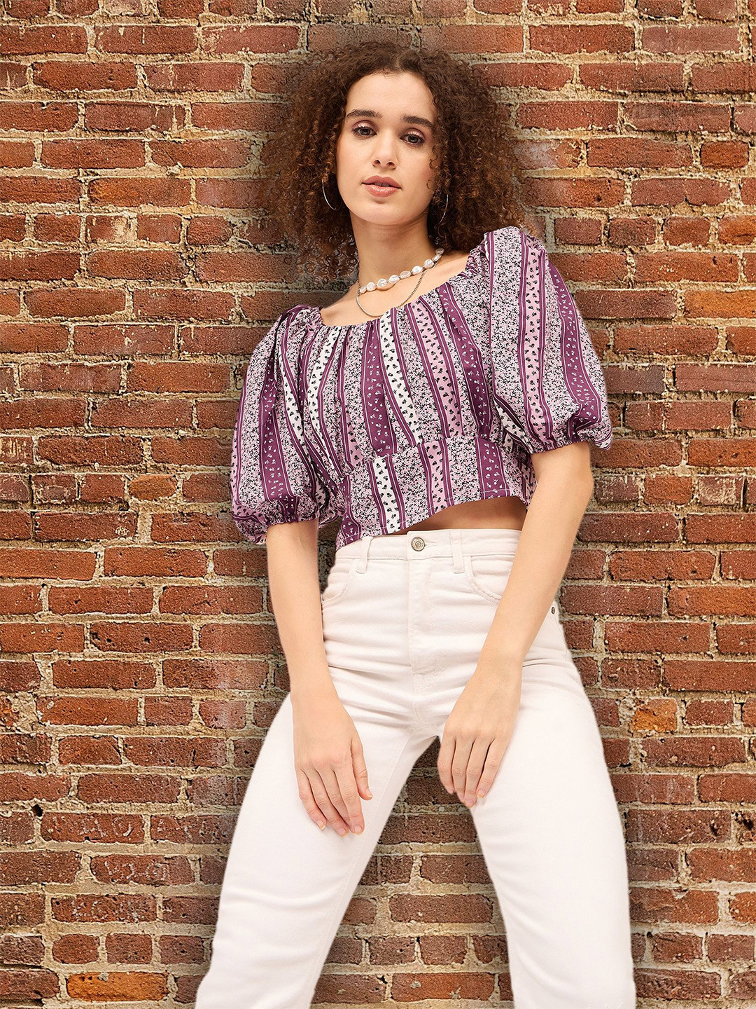 

DressBerry Women Printed Cotton Blouson Crop Top, Purple