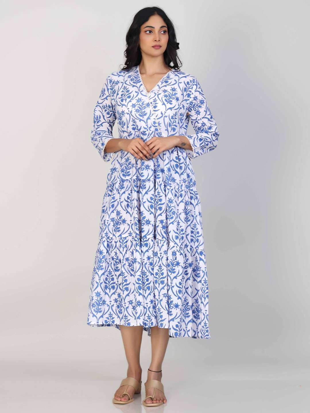 

Hassu's Women Floral Print Fit & Flare Midi Cotton Dress, Blue
