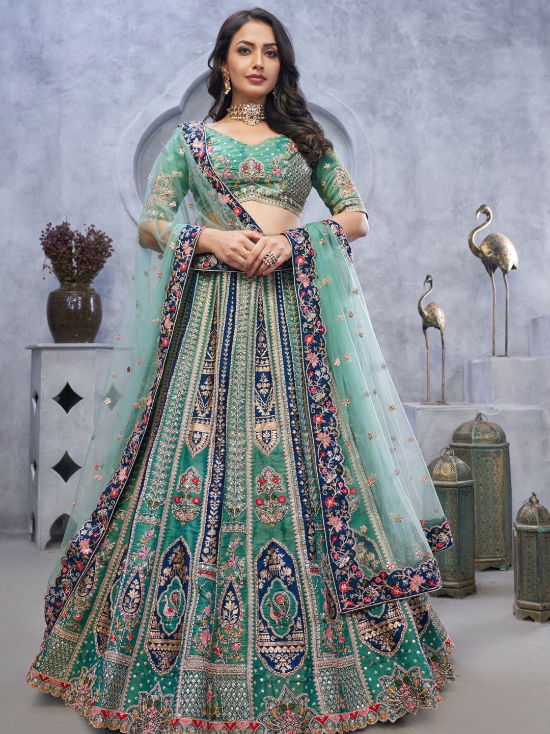 

Fusionic Embroidered Organza Silk Semi-Stitched Lehenga & Unstitched Blouse With Dupatta, Green