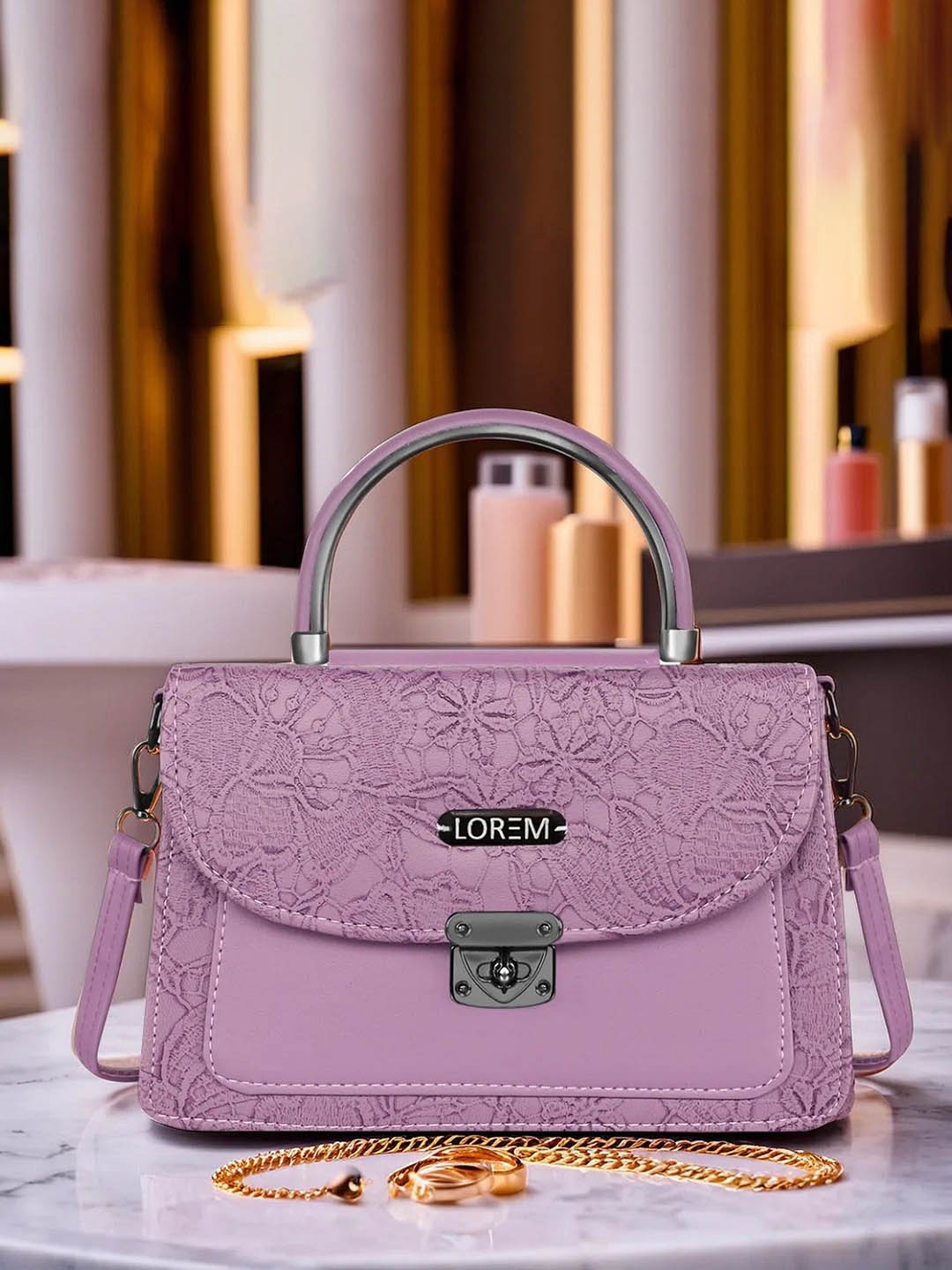 

LOREM Women Floral Printed Structured Leather Sling Bag, Pink