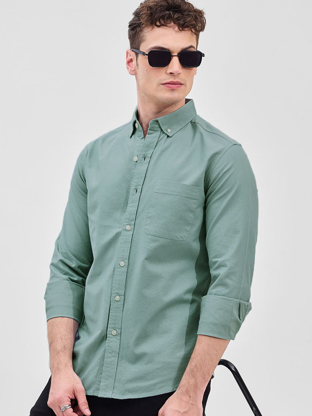 

Snitch Men Classic Slim Fit Button-Down Collar Solid Cotton Casual Shirt, Green