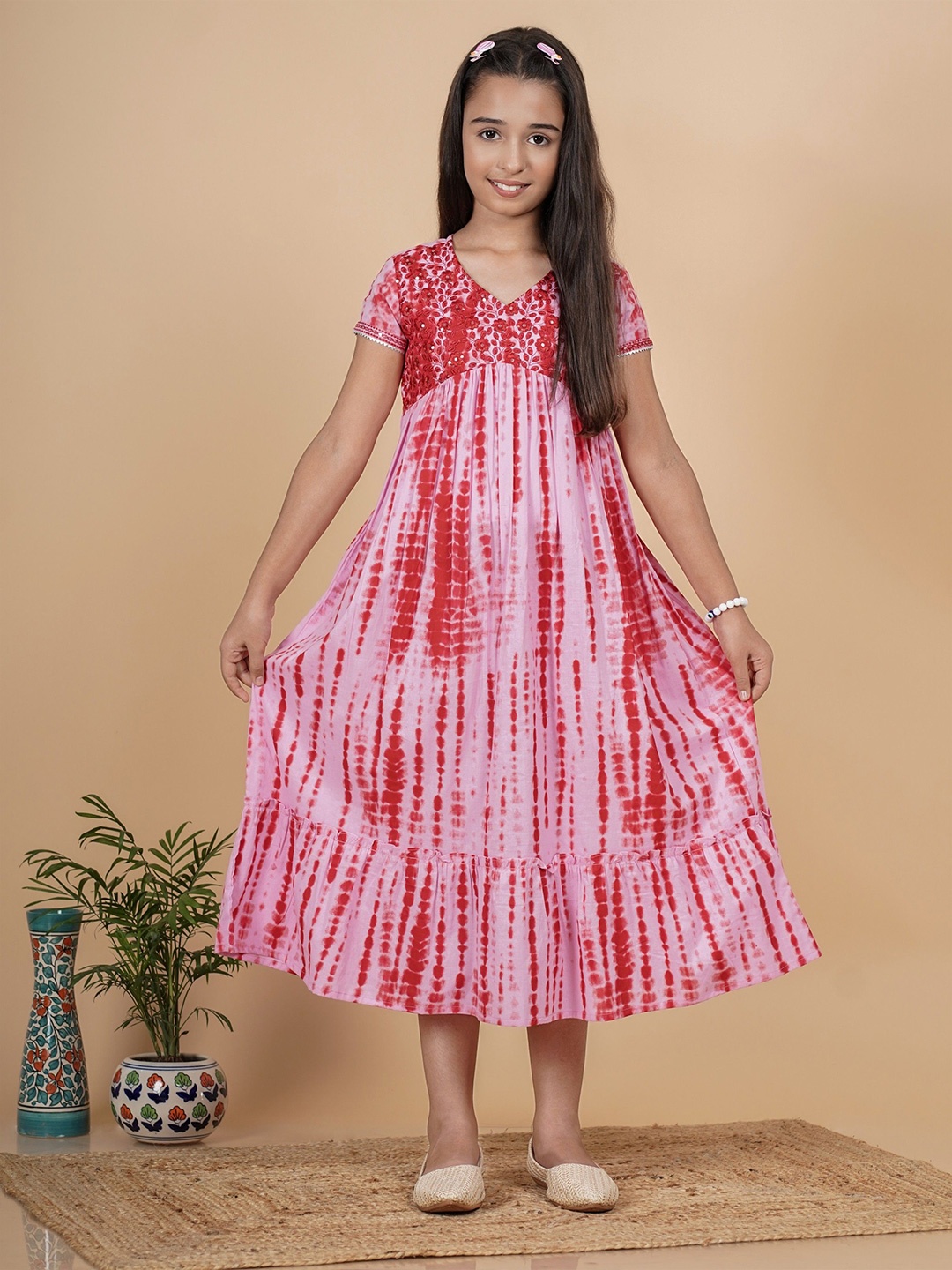 

TUNIYA Girls Tie and Dye Dyed Embroidered V-Neck Fit & Flare Midi Dress, Red