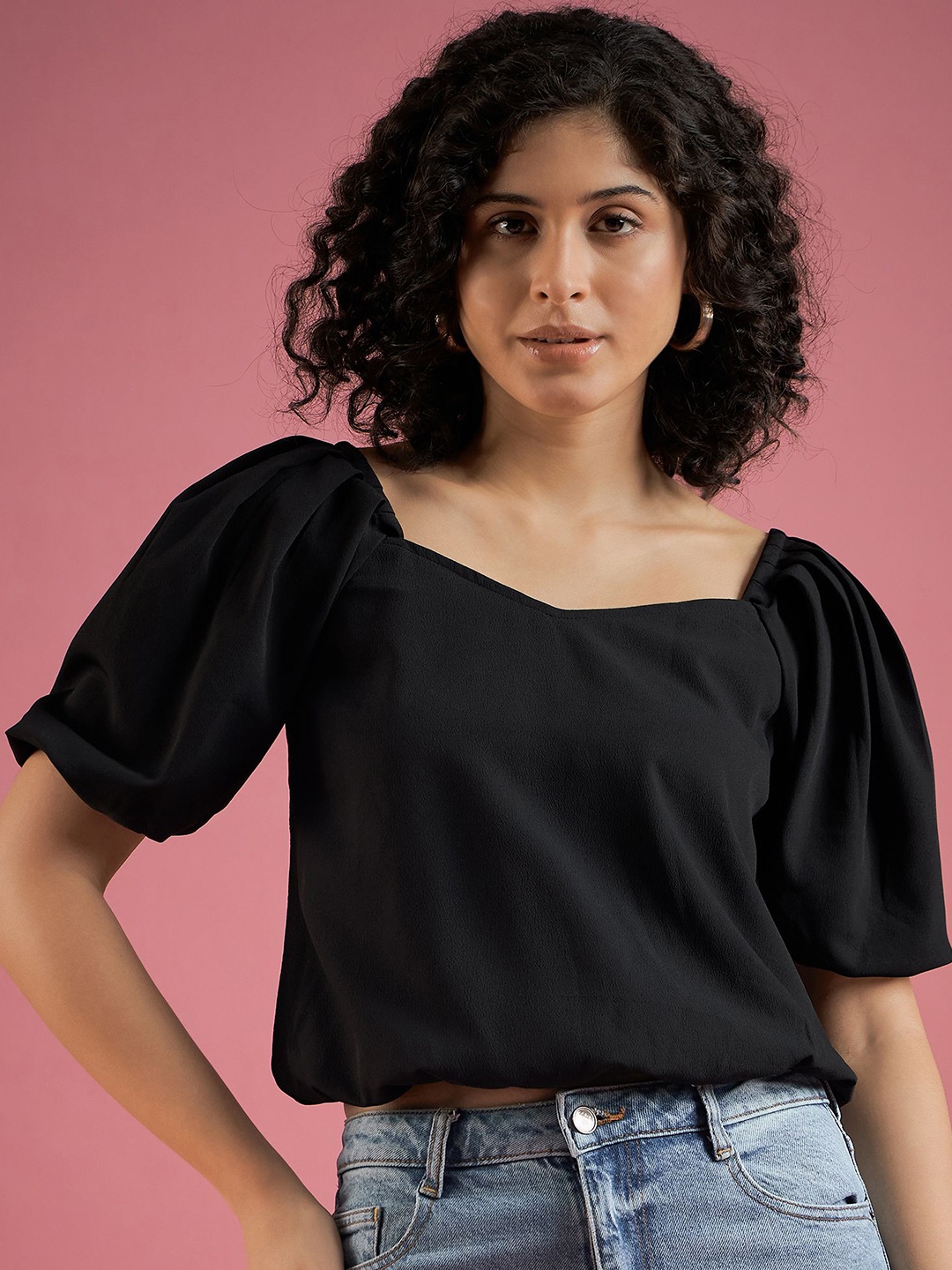 

DressBerry Puff Sleeve Crepe Blouson Crop Top, Black