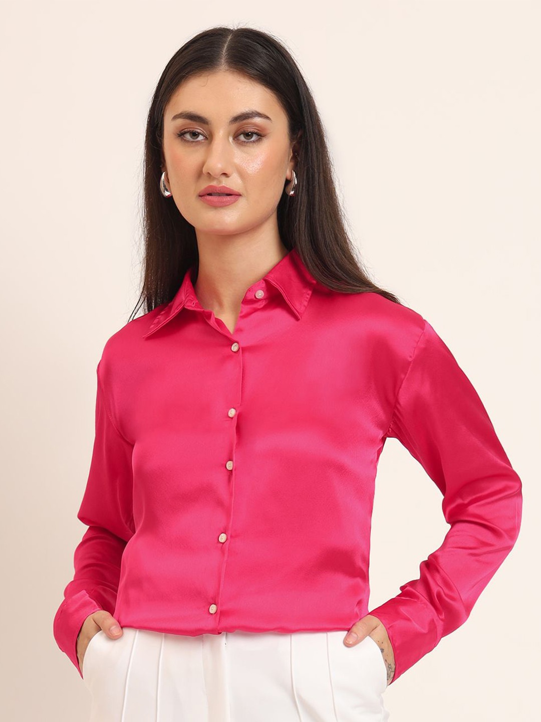 

AMSWAN Women Comfort Fit Spread Collar Solid Satin Casual Shirt, Pink