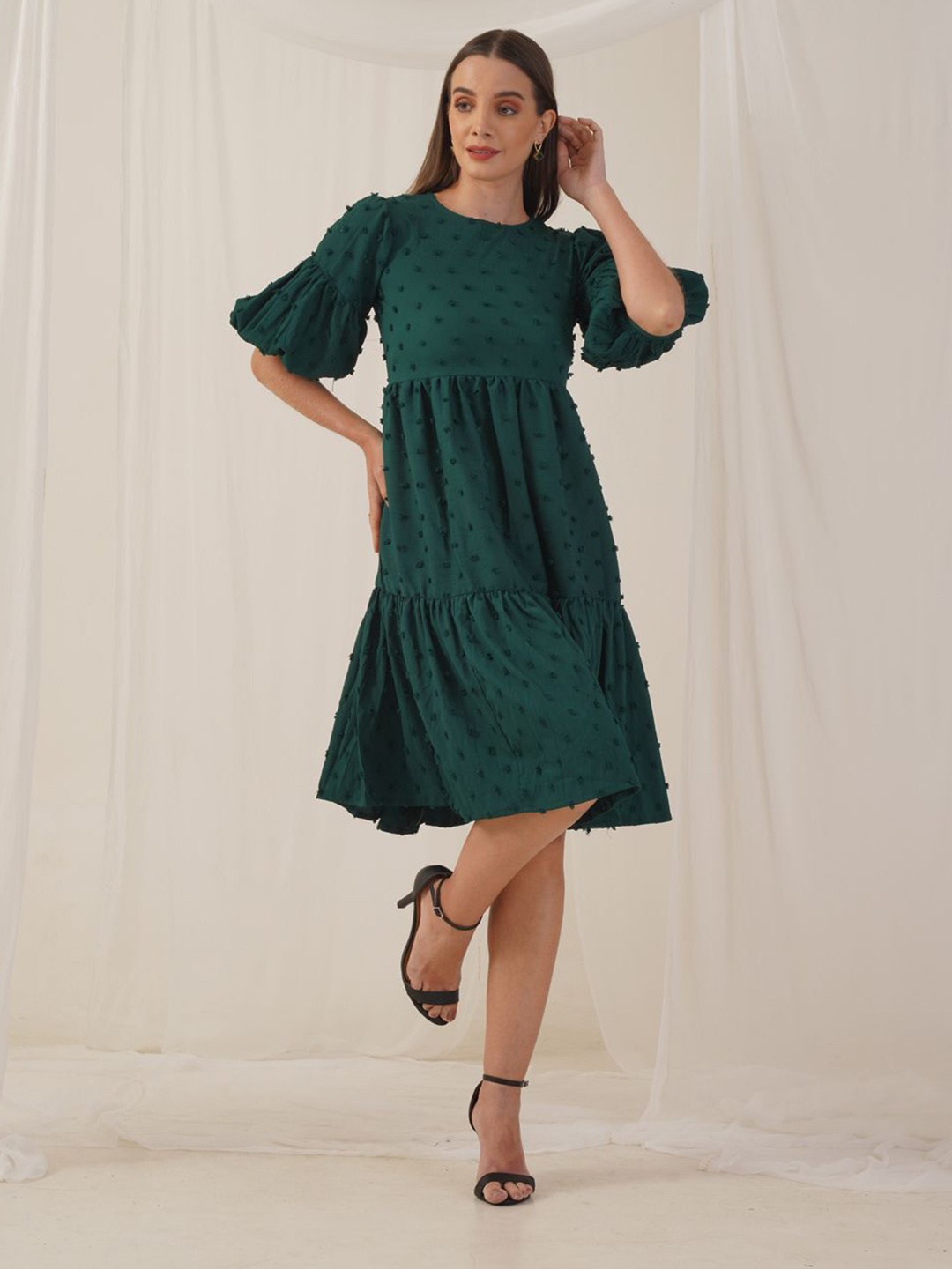 

JAINISH Puff Sleeve Georgette A-Line Dress, Green