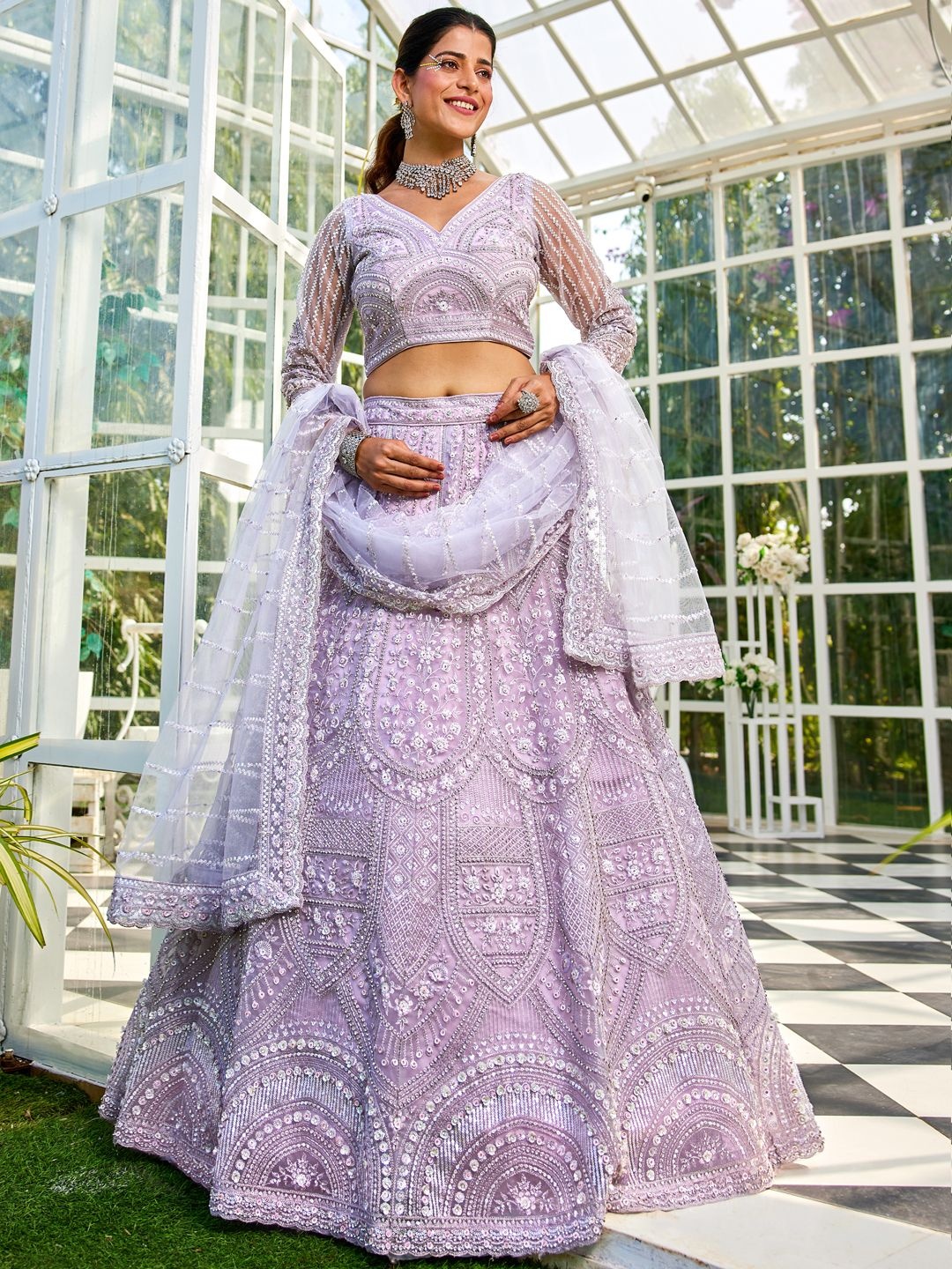 

panchhi Embroidered Sequinned Semi-Stitched Lehenga & Unstitched Blouse With Dupatta, Lavender