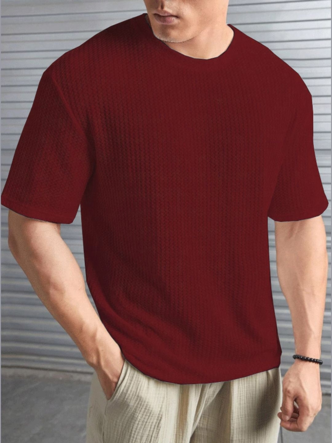 

MERRIMENT Men Self Design Round Neck T-shirt, Maroon
