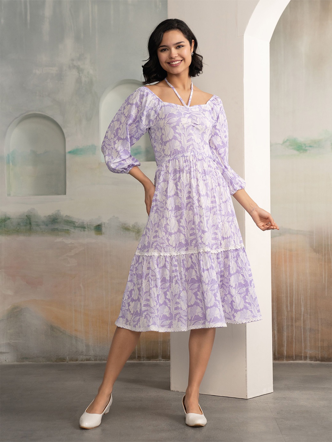 

AASK Women's Purple Printed Crush Crepe Tiered Midi Length Dress