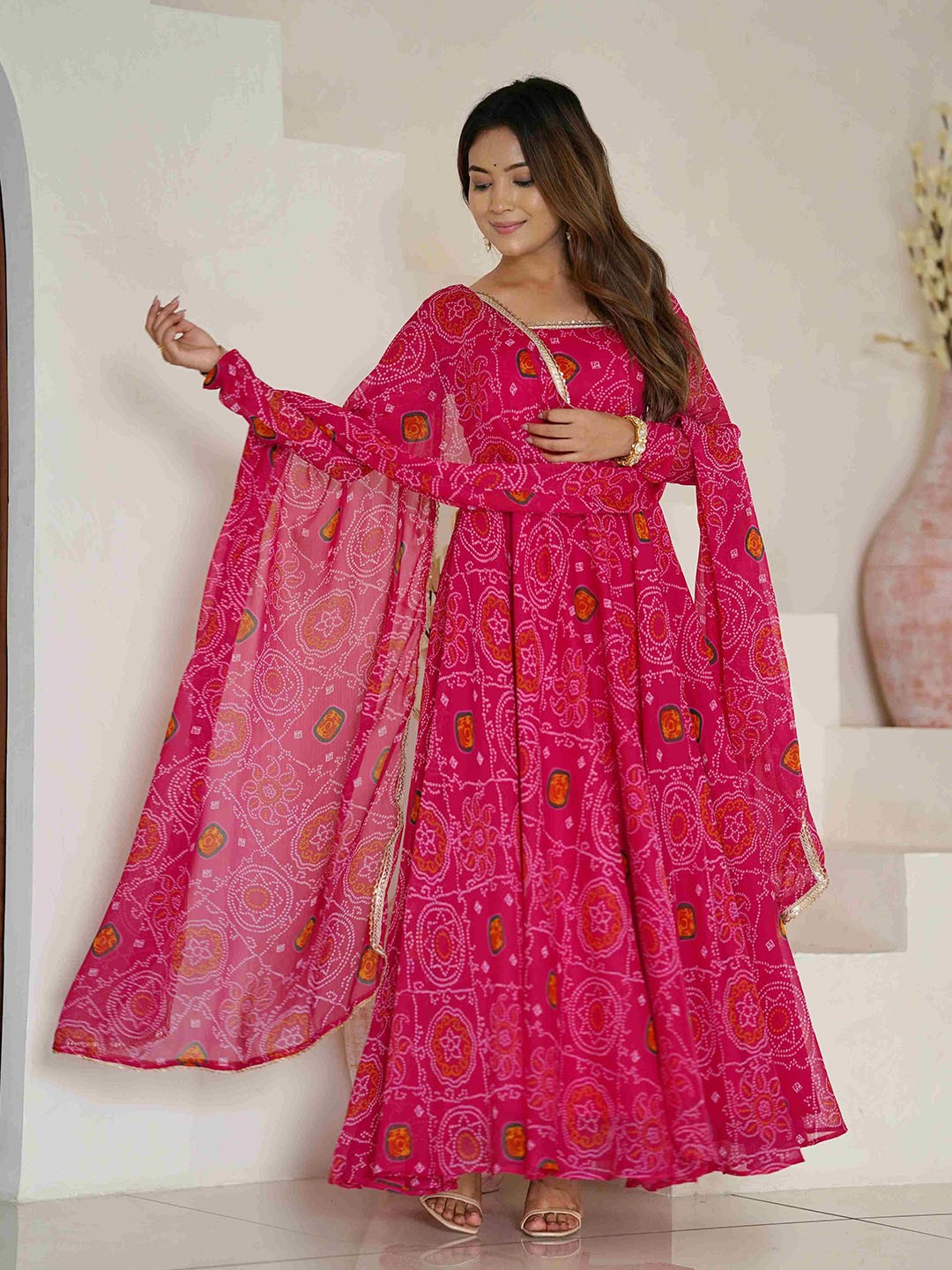 

LABELKBBRAND Bandhani Printed Silk Chiffon Anarkali Kurta With Palazzos & Dupatta, Pink