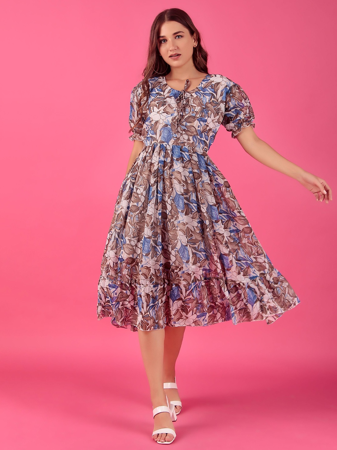 

KASHIAN Floral Print Puff Sleeve Georgette Fit & Flare Dress, Brown