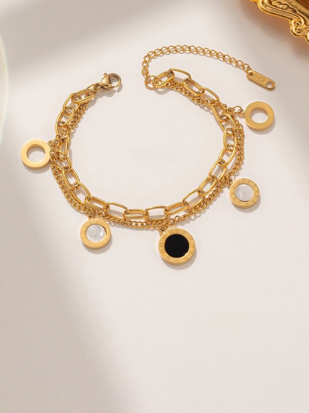 

Zabby Allen Roman Stainless Steel Gold-Plated Artificial Stones Studded Charm Bracelet