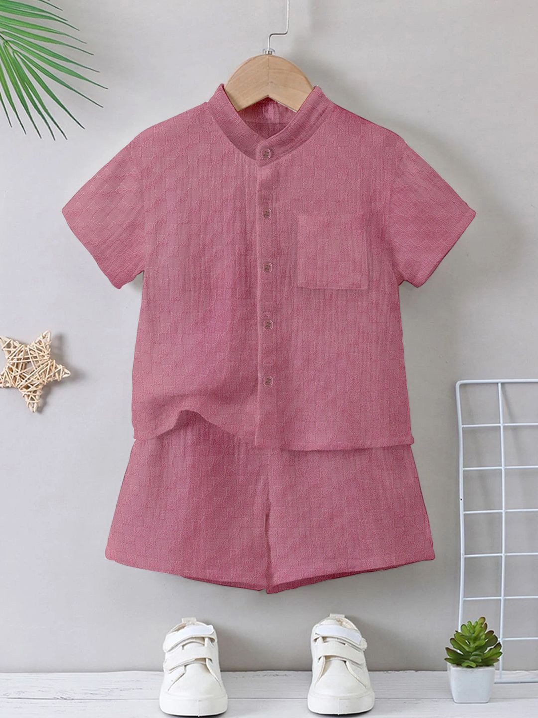 

YK Boys Mandarin Collar Shirt With Shorts Clothing Set, Pink