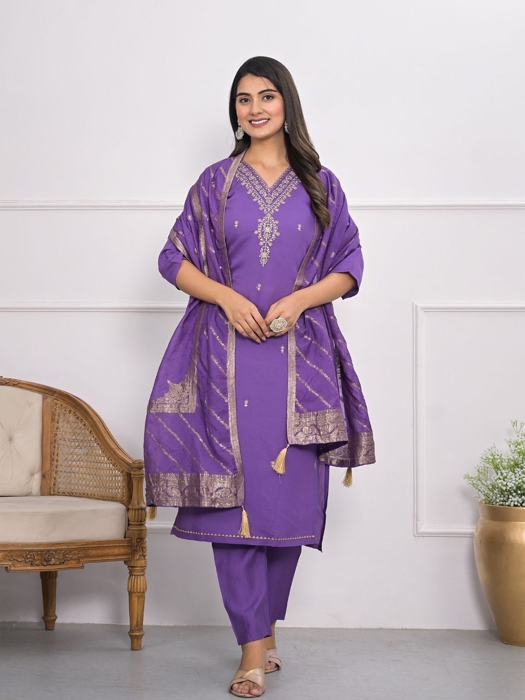 

ODETTE Floral Embroidered Thread Work Straight Kurta with Trousers & Dupatta, Purple