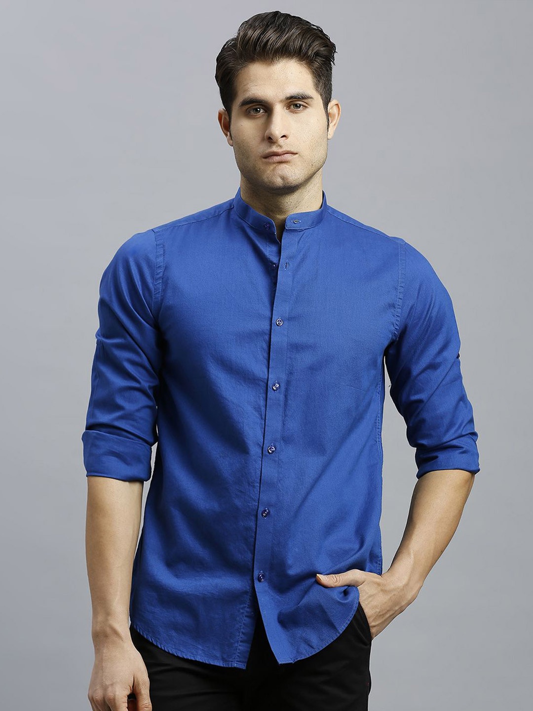 

Reid & Taylor Men India Slim Fit Band Collar Solid Cotton Casual Shirt, Blue