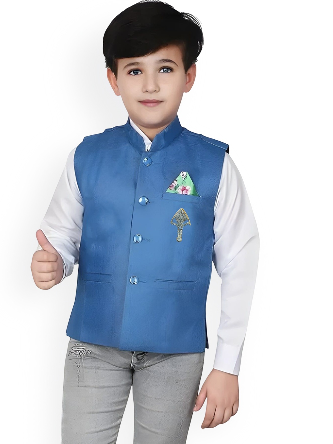 

Qitty Boys Woven Jute Cotton Nehru Jacket With Shirt, Blue