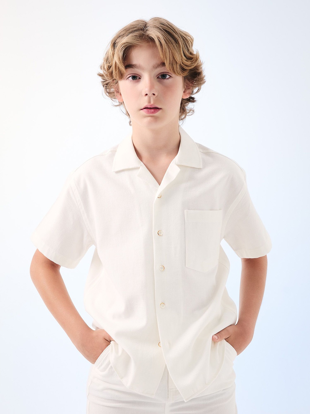 

DeFacto Boys Cuban Collar Solid Cotton Casual Shirt, White