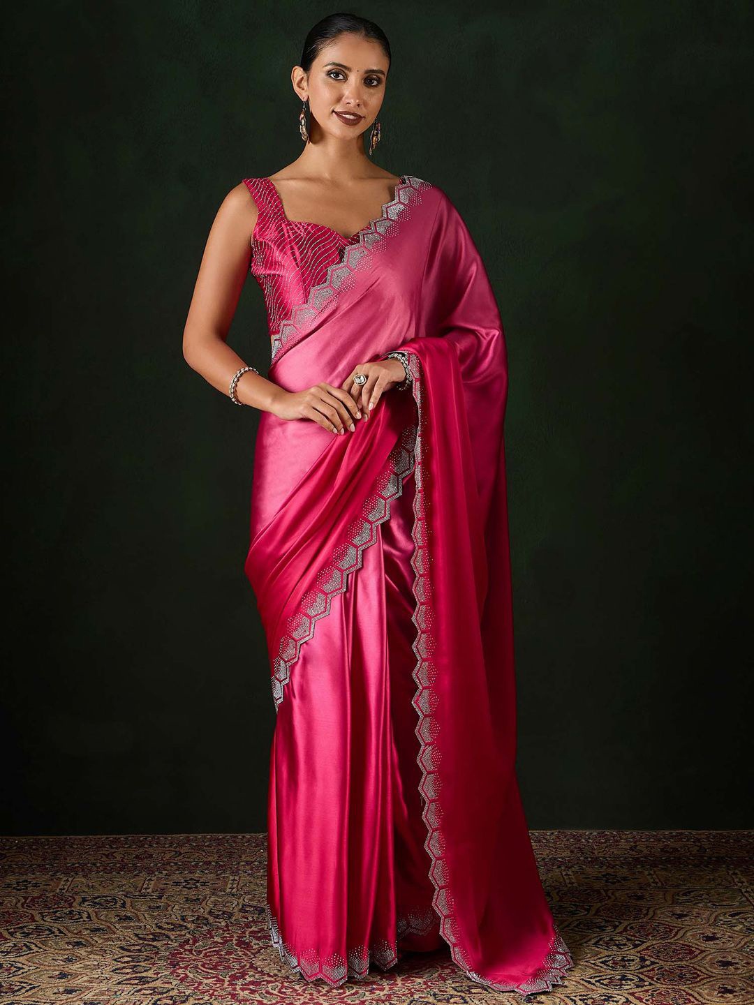 

Sangria Embellished Party Wear Saree With Unstitched Blouse, Pink