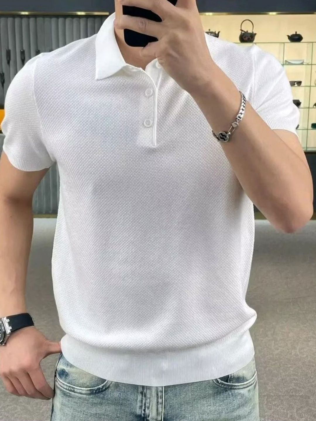 

StyleCast x Revolte Men Polo Collar Raw Edge T-shirt, White