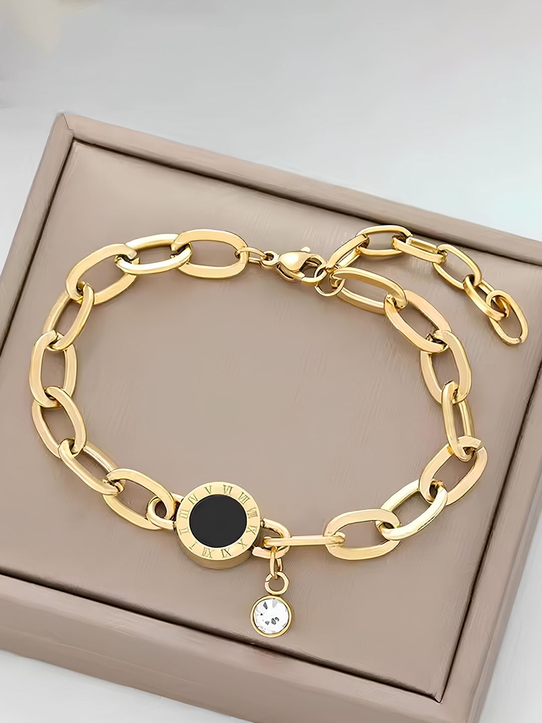 

KARISHMA KREATIONS Stainless Steel Gold-Plated Round Roman Digit Rhinestone Bracelet
