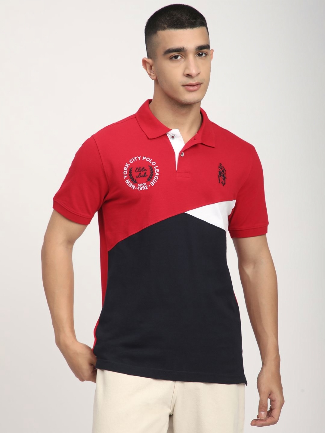 

R&B Men Colourblocked Polo Collar Cotton T-shirt, Red
