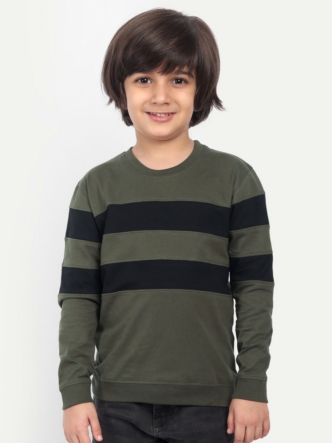 

Provogue Boys Striped Round Neck Cotton T-shirt, Olive