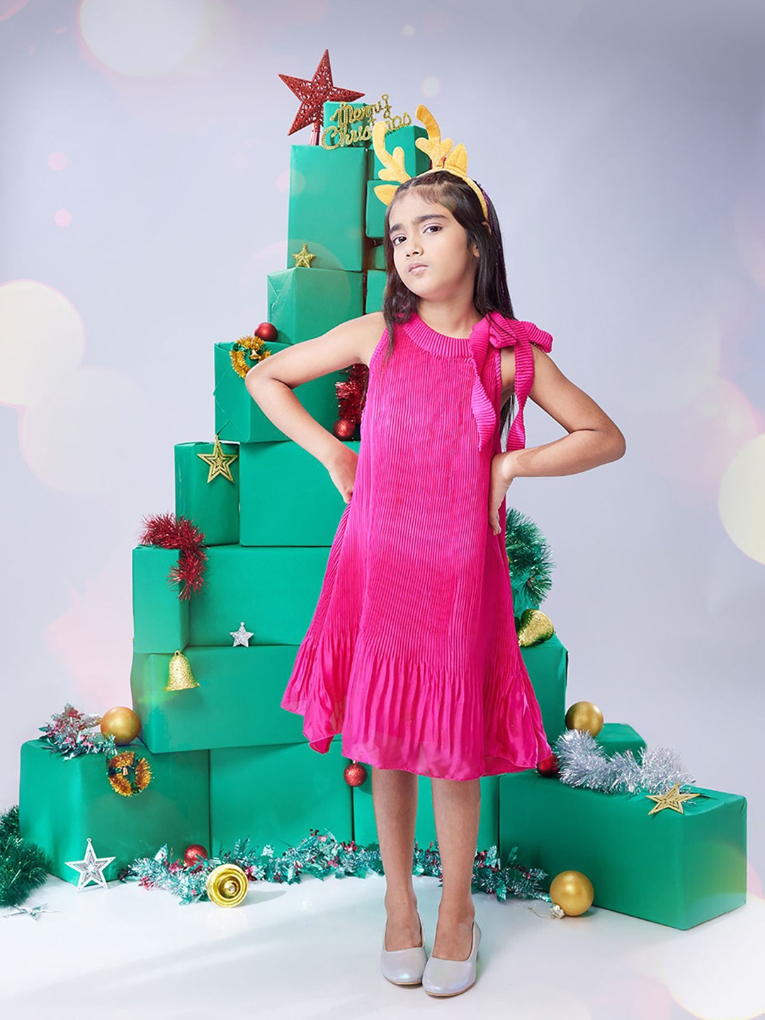 

MASTARANG Girls Pleated A-line Bow Dress, Pink
