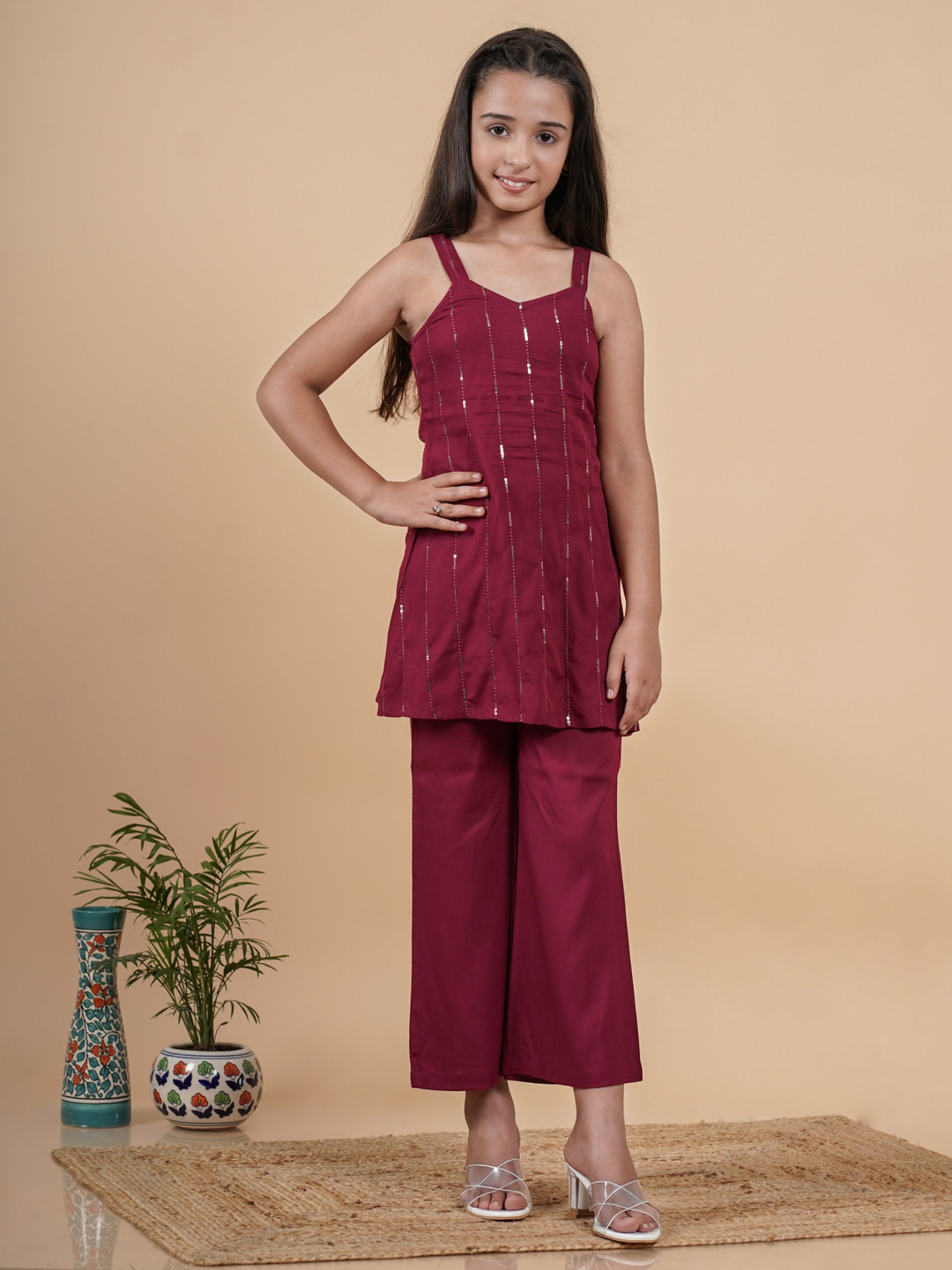 

TUNIYA Girls Embroidered Shoulder Straps Sequinned Work Kurta With Trousers, Maroon