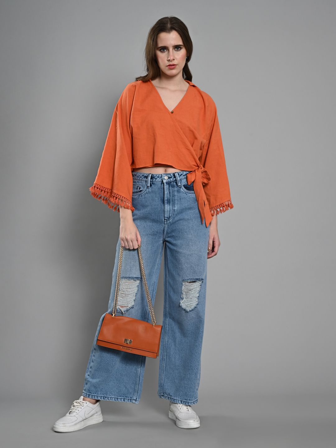 

IZEL Flared Sleeves V Neck Cotton Wrap Crop Top, Orange