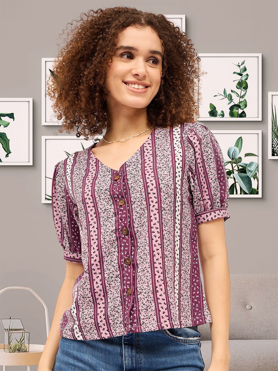 

DressBerry Print Puff Sleeve Cotton Top, Multi