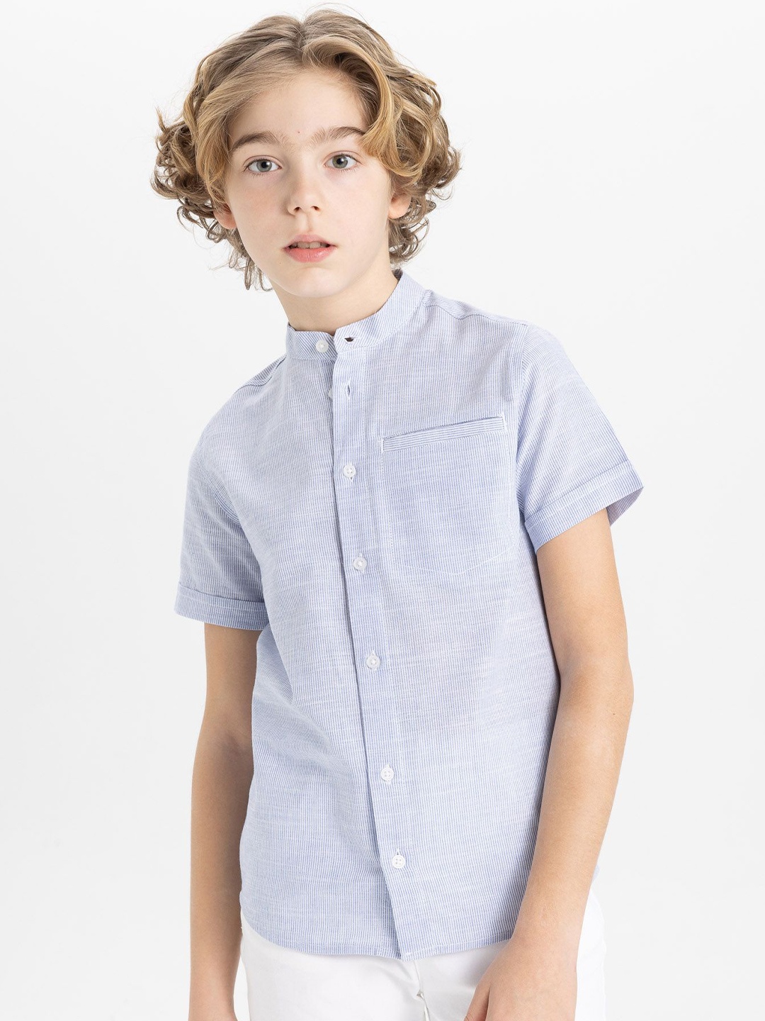 

DeFacto Boys Band Collar Vertical Striped Cotton Casual Shirt, Blue